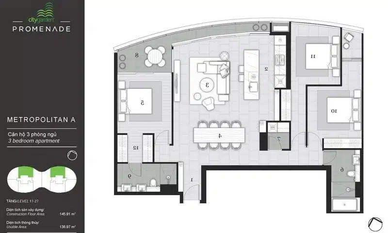 Bán City Garden tháp P2 view Văn Thánh 3 phòng ngủ căn hộ số 3 146m2